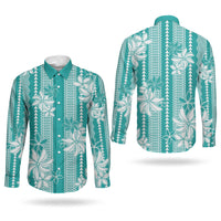 Hawaii Kakau Tribal Couples Matching Tank Maxi Dress and Long Sleeve Button Shirt With Teal Tiare LT05 - Polynesian Pride