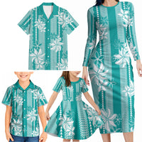 Hawaii Kakau Tribal Family Matching Long Sleeve Bodycon Dress and Hawaiian Shirt With Teal Tiare LT05 - Polynesian Pride