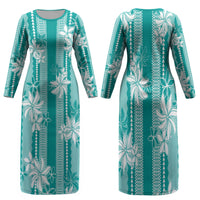 Hawaii Kakau Tribal Family Matching Long Sleeve Bodycon Dress and Hawaiian Shirt With Teal Tiare LT05 - Polynesian Pride