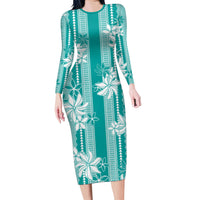 Hawaii Kakau Tribal Family Matching Long Sleeve Bodycon Dress and Hawaiian Shirt With Teal Tiare