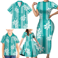 Hawaii Kakau Tribal Family Matching Short Sleeve Bodycon Dress and Hawaiian Shirt With Teal Tiare LT05 - Polynesian Pride