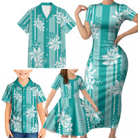 Hawaii Kakau Tribal Family Matching Short Sleeve Bodycon Dress and Hawaiian Shirt With Teal Tiare LT05 - Polynesian Pride