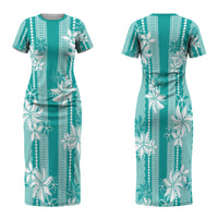 Hawaii Kakau Tribal Family Matching Short Sleeve Bodycon Dress and Hawaiian Shirt With Teal Tiare LT05 Mom's Dress Teal - Polynesian Pride