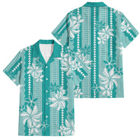 Hawaii Kakau Tribal Family Matching Short Sleeve Bodycon Dress and Hawaiian Shirt With Teal Tiare LT05 Dad's Shirt - Short Sleeve Teal - Polynesian Pride