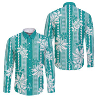 Hawaii Kakau Tribal Family Matching Short Sleeve Bodycon Dress and Hawaiian Shirt With Teal Tiare LT05 Dad's Shirt - Long Sleeve Teal - Polynesian Pride