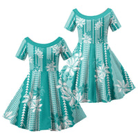Hawaii Kakau Tribal Family Matching Short Sleeve Bodycon Dress and Hawaiian Shirt With Teal Tiare LT05 Daughter's Dress Teal - Polynesian Pride