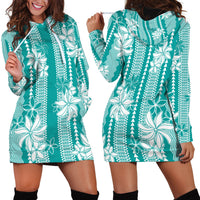 Hawaii Kakau Tribal Hoodie Dress With Teal Tiare LT05 - Polynesian Pride