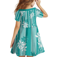 Hawaii Kakau Tribal Kid Short Sleeve Dress With Teal Tiare LT05 - Polynesian Pride