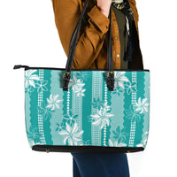 Hawaii Kakau Tribal Leather Tote Bag With Teal Tiare LT05 - Polynesian Pride