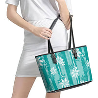 Hawaii Kakau Tribal Leather Tote Bag With Teal Tiare LT05 - Polynesian Pride
