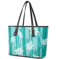 Hawaii Kakau Tribal Leather Tote Bag With Teal Tiare LT05 - Polynesian Pride