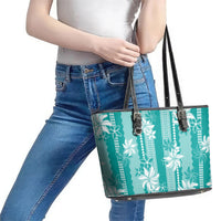 Hawaii Kakau Tribal Leather Tote Bag With Teal Tiare LT05 - Polynesian Pride