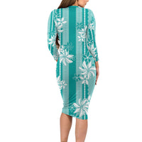 Hawaii Kakau Tribal Long Sleeve Bodycon Dress With Teal Tiare LT05 - Polynesian Pride