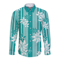 Hawaii Kakau Tribal Long Sleeve Button Shirt With Teal Tiare LT05 Unisex Teal - Polynesian Pride