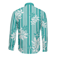 Hawaii Kakau Tribal Long Sleeve Button Shirt With Teal Tiare LT05 - Polynesian Pride
