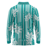 Hawaii Kakau Tribal Long Sleeve Polo Shirt With Teal Tiare