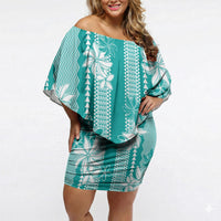 Hawaii Kakau Tribal Off Shoulder Short Dress With Teal Tiare LT05 Women Teal - Polynesian Pride