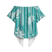 Hawaii Kakau Tribal Off Shoulder Wrap Waist Top With Teal Tiare LT05 - Polynesian Pride