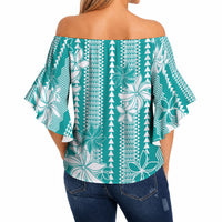 Hawaii Kakau Tribal Off Shoulder Wrap Waist Top With Teal Tiare LT05 - Polynesian Pride