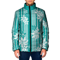 Hawaii Kakau Tribal Padded Jacket With Teal Tiare LT05 Men Teal - Polynesian Pride