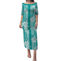 Hawaii Kakau Tribal Puletasi With Teal Tiare LT05 Long Dress Teal - Polynesian Pride