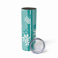 Hawaii Kakau Tribal Skinny Tumbler With Teal Tiare LT05 - Polynesian Pride