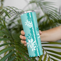 Hawaii Kakau Tribal Skinny Tumbler With Teal Tiare LT05 - Polynesian Pride