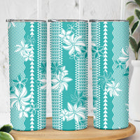 Hawaii Kakau Tribal Skinny Tumbler With Teal Tiare LT05 - Polynesian Pride