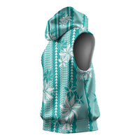 Hawaii Kakau Tribal Sleeveless Hoodie With Teal Tiare