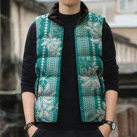 Hawaii Kakau Tribal Sleeveless Puffer Jacket With Teal Tiare LT05 - Polynesian Pride