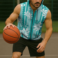 Hawaii Kakau Tribal Sleeveless Zip Hoodie With Teal Tiare LT05 - Polynesian Pride