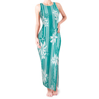 Hawaii Kakau Tribal Tank Maxi Dress With Teal Tiare LT05 Women Teal - Polynesian Pride