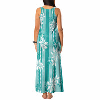 Hawaii Kakau Tribal Tank Maxi Dress With Teal Tiare LT05 - Polynesian Pride