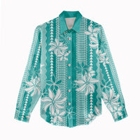 Hawaii Kakau Tribal Women Casual Shirt With Teal Tiare LT05 - Polynesian Pride