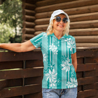 Hawaii Kakau Tribal Women Polo Shirt With Teal Tiare LT05 - Polynesian Pride