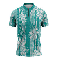 Hawaii Kakau Tribal Zipper Polo Shirt With Teal Tiare LT05 Teal - Polynesian Pride