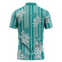 Hawaii Kakau Tribal Zipper Polo Shirt With Teal Tiare