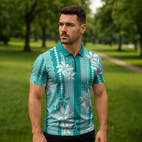 Hawaii Kakau Tribal Zipper Polo Shirt With Teal Tiare LT05 - Polynesian Pride