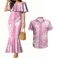 Hawaii Kakau Tribal Couples Matching Mermaid Dress and Hawaiian Shirt With Pink Tiare LT05 Pink - Polynesian Pride