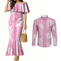 Hawaii Kakau Tribal Couples Matching Mermaid Dress and Long Sleeve Button Shirt With Pink Tiare LT05 Pink - Polynesian Pride