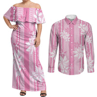 Hawaii Kakau Tribal Couples Matching Off Shoulder Maxi Dress and Long Sleeve Button Shirt With Pink Tiare LT05 Pink - Polynesian Pride
