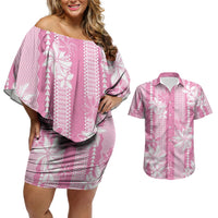 Hawaii Kakau Tribal Couples Matching Off Shoulder Short Dress and Hawaiian Shirt With Pink Tiare LT05 Pink - Polynesian Pride