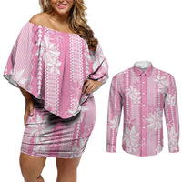 Hawaii Kakau Tribal Couples Matching Off Shoulder Short Dress and Long Sleeve Button Shirt With Pink Tiare LT05 Pink - Polynesian Pride