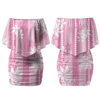 Hawaii Kakau Tribal Couples Matching Off Shoulder Short Dress and Long Sleeve Button Shirt With Pink Tiare LT05