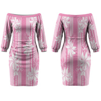 Hawaii Kakau Tribal Couples Matching Off The Shoulder Long Sleeve Dress and Hawaiian Shirt With Pink Tiare LT05