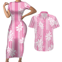 Hawaii Kakau Tribal Couples Matching Short Sleeve Bodycon Dress and Hawaiian Shirt With Pink Tiare LT05 Pink - Polynesian Pride