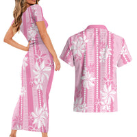 Hawaii Kakau Tribal Couples Matching Short Sleeve Bodycon Dress and Hawaiian Shirt With Pink Tiare LT05 - Polynesian Pride