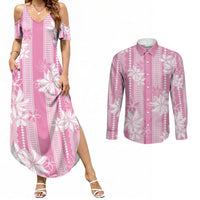 Hawaii Kakau Tribal Couples Matching Summer Maxi Dress and Long Sleeve Button Shirt With Pink Tiare LT05 Pink - Polynesian Pride