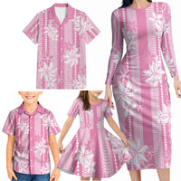 Hawaii Kakau Tribal Family Matching Long Sleeve Bodycon Dress and Hawaiian Shirt With Pink Tiare LT05 - Polynesian Pride