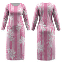 Hawaii Kakau Tribal Family Matching Long Sleeve Bodycon Dress and Hawaiian Shirt With Pink Tiare LT05 Mom's Dress Pink - Polynesian Pride